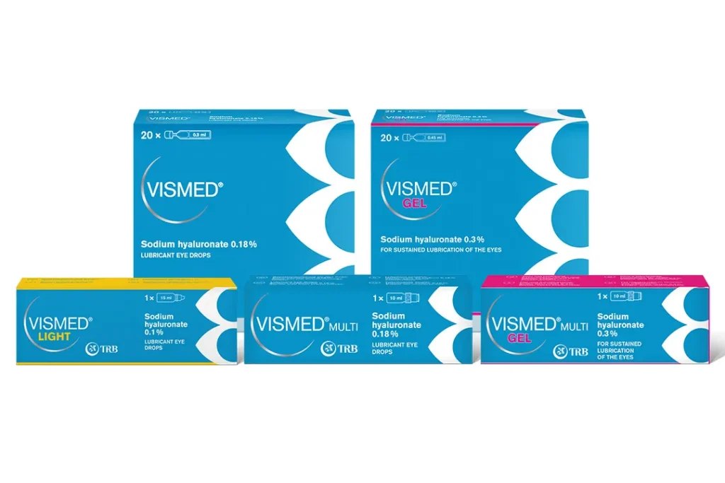 Vismed lubricating eye drops product range boxes